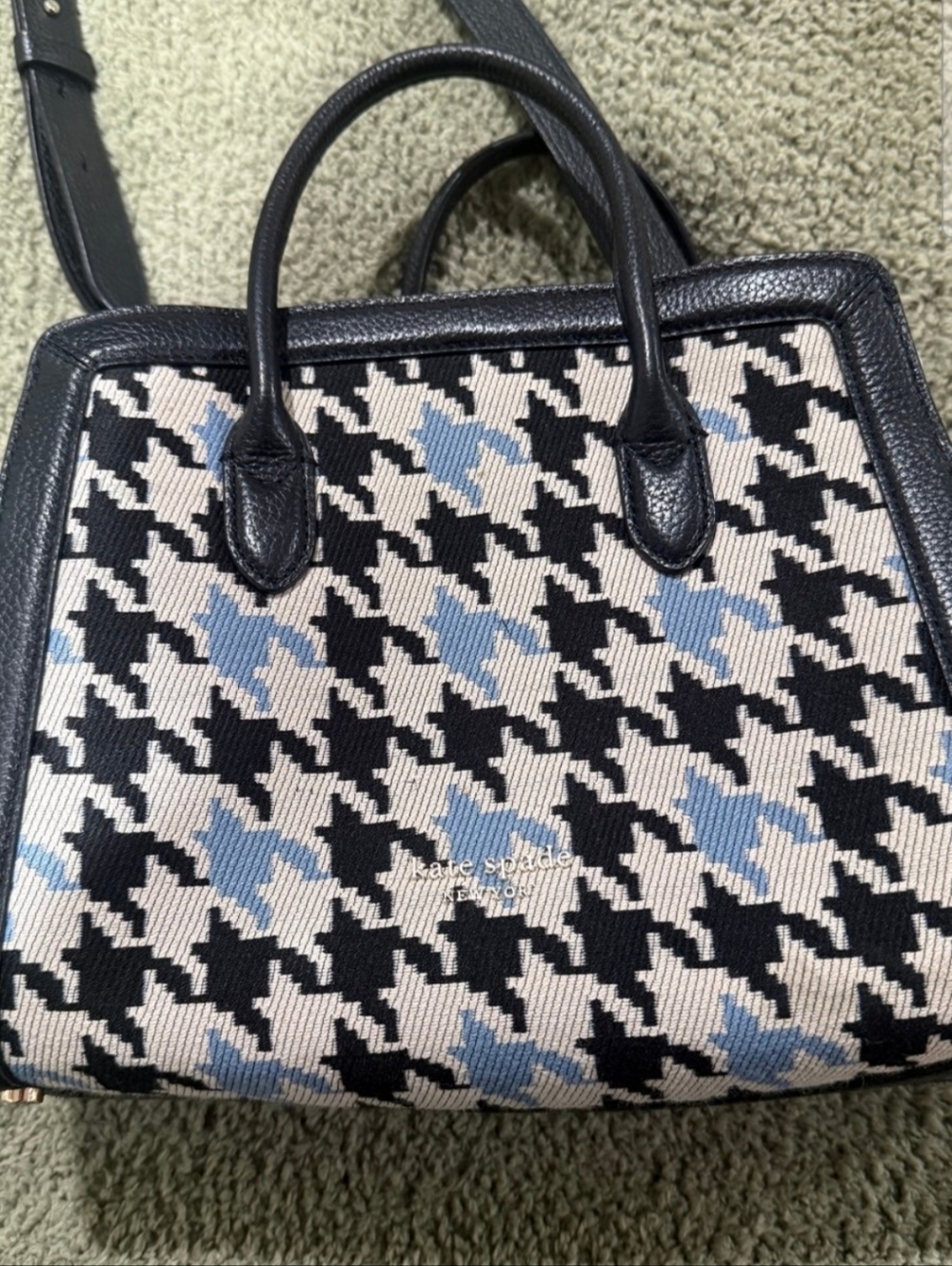 kate spade black, cream & light blue houndstooth satchel